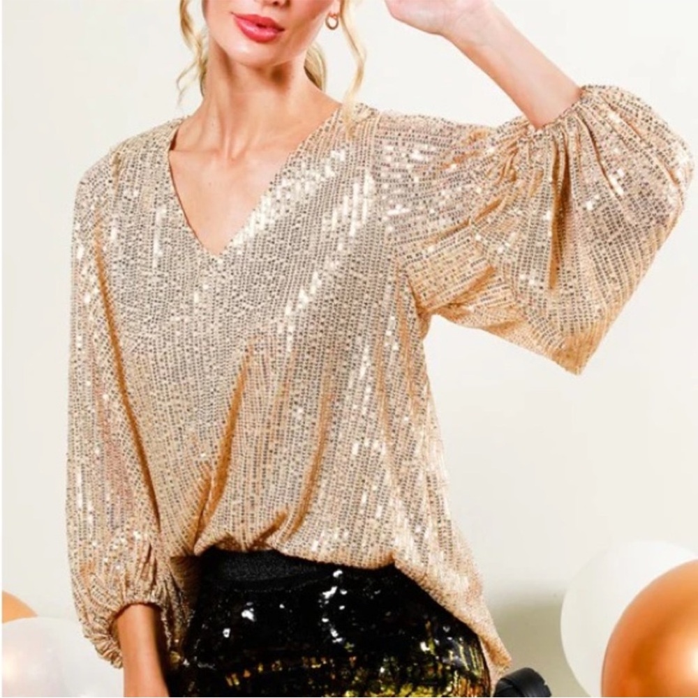 Vine & Love Shimmering Sequin Champagne Gold Blouse